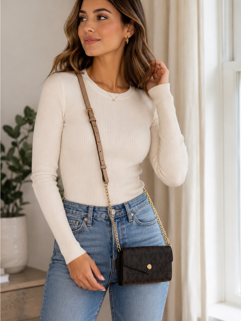 Michael Kors Signature MK Wallet on Chain Envelope Crossbody/Clutch Brown Gold